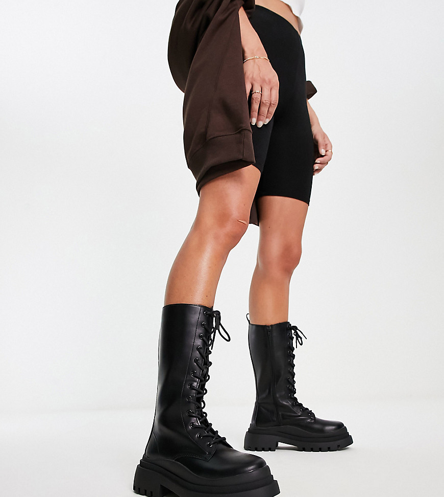 Truffle Collection Wide Fit lace up chunky boots in black