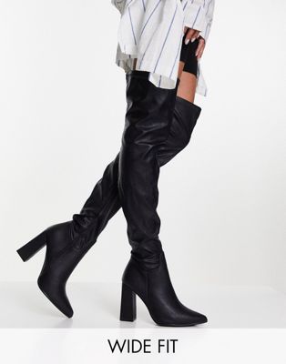 wide fit Leather look thigh high heeled boots in black