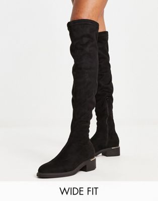 Wide Fit mid heel stretch over the knee boots in black