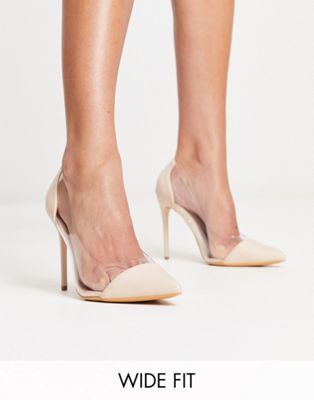 Wide Fit pointed clear heeled shoes in beige