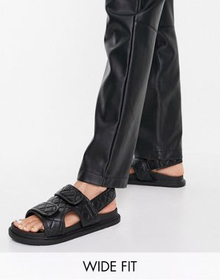 wide fit quilted double strap flat sandals in black