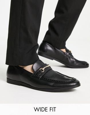 wide fit snaffle trim loafers in black