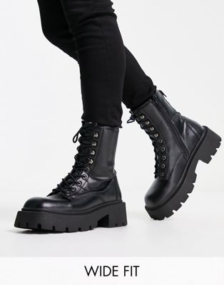 Wide Fit square toe chunky lace up boots in black faux leather