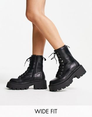 Wide Fit square toe chunky lace up boots in black