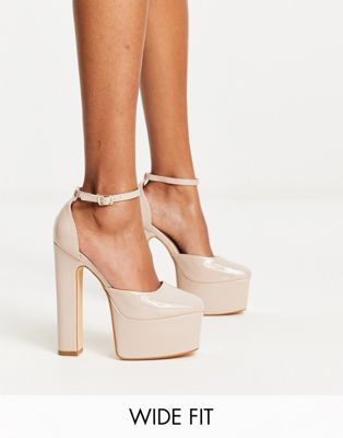 Wide Fit square toe platform high heeled shoes in beige