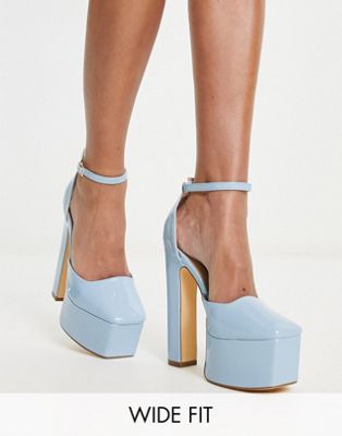 Wide Fit square toe platform high heeled shoes in blue