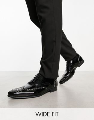 wide fit studded oxford lace up shoes in black faux leather