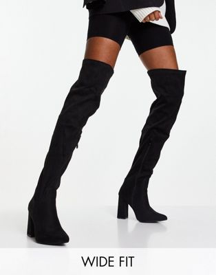 wide fit thigh high heeled boots in black