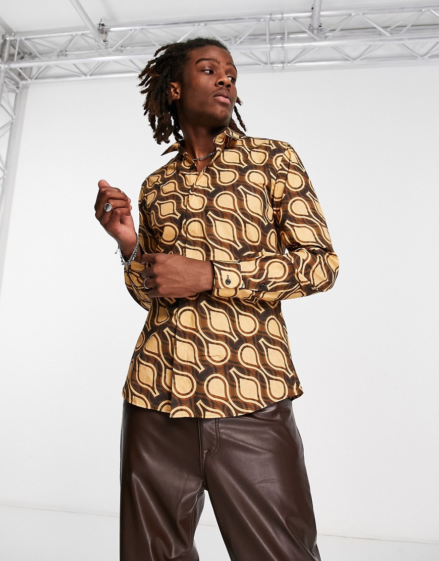 Twisted Tailor dembele printed shirt in dark brown-Neutral