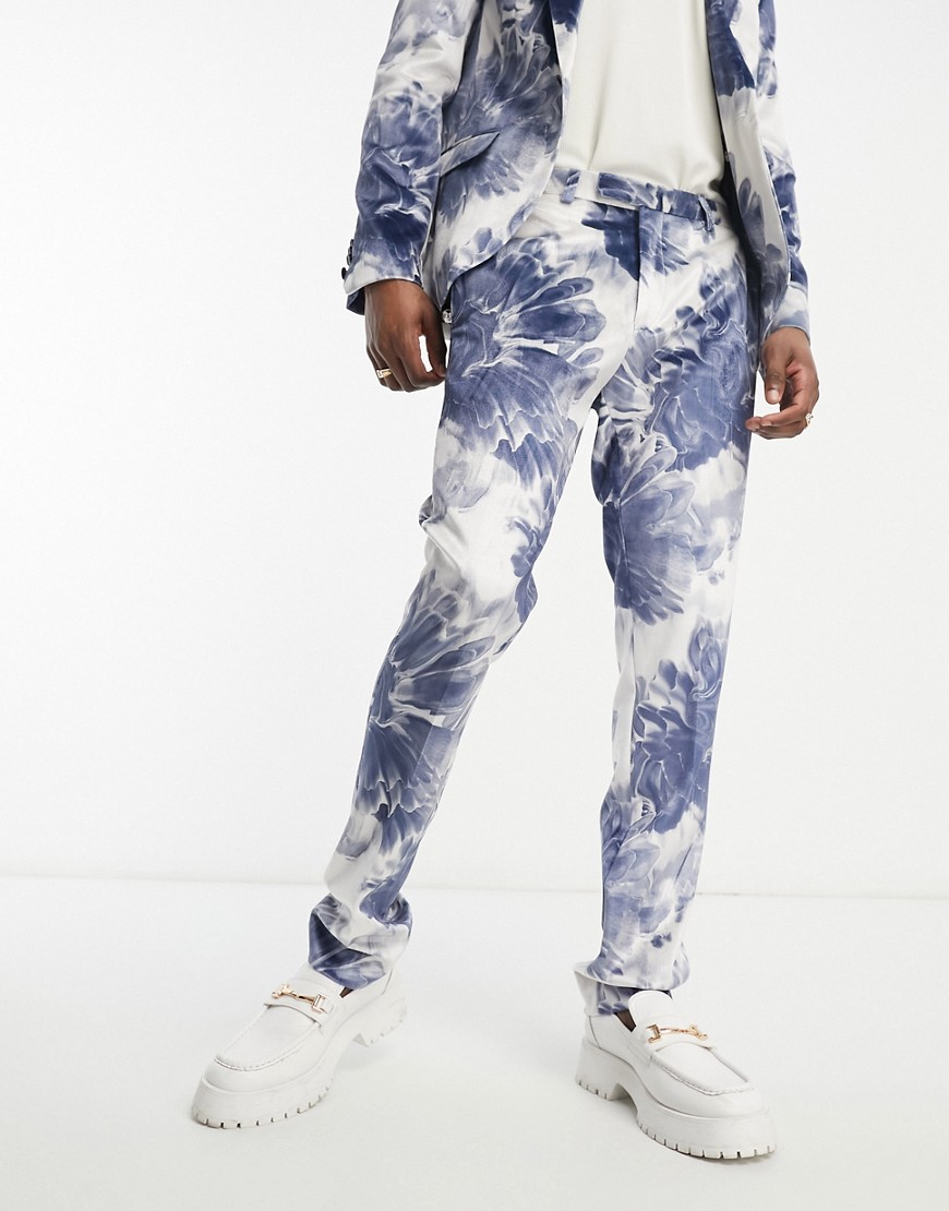Twisted Tailor judd suit trousers in white with blue ink floral print