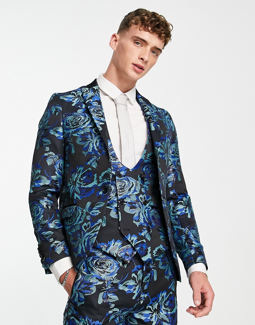 Twisted Tailor owsley suit jacket in black with teal and mint floral jacquard-Blue