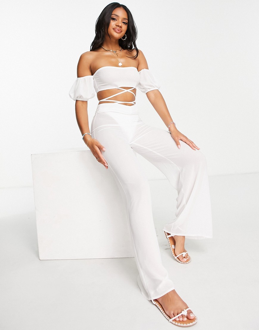 Unique 21 beach crop top and flared trousers co ord in white