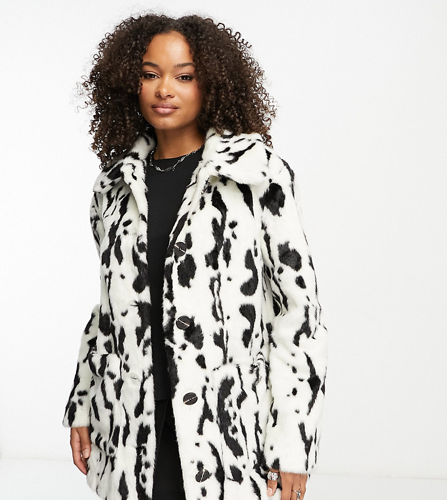 Urban Code Tall button down faux fur coat in dalmation print-White