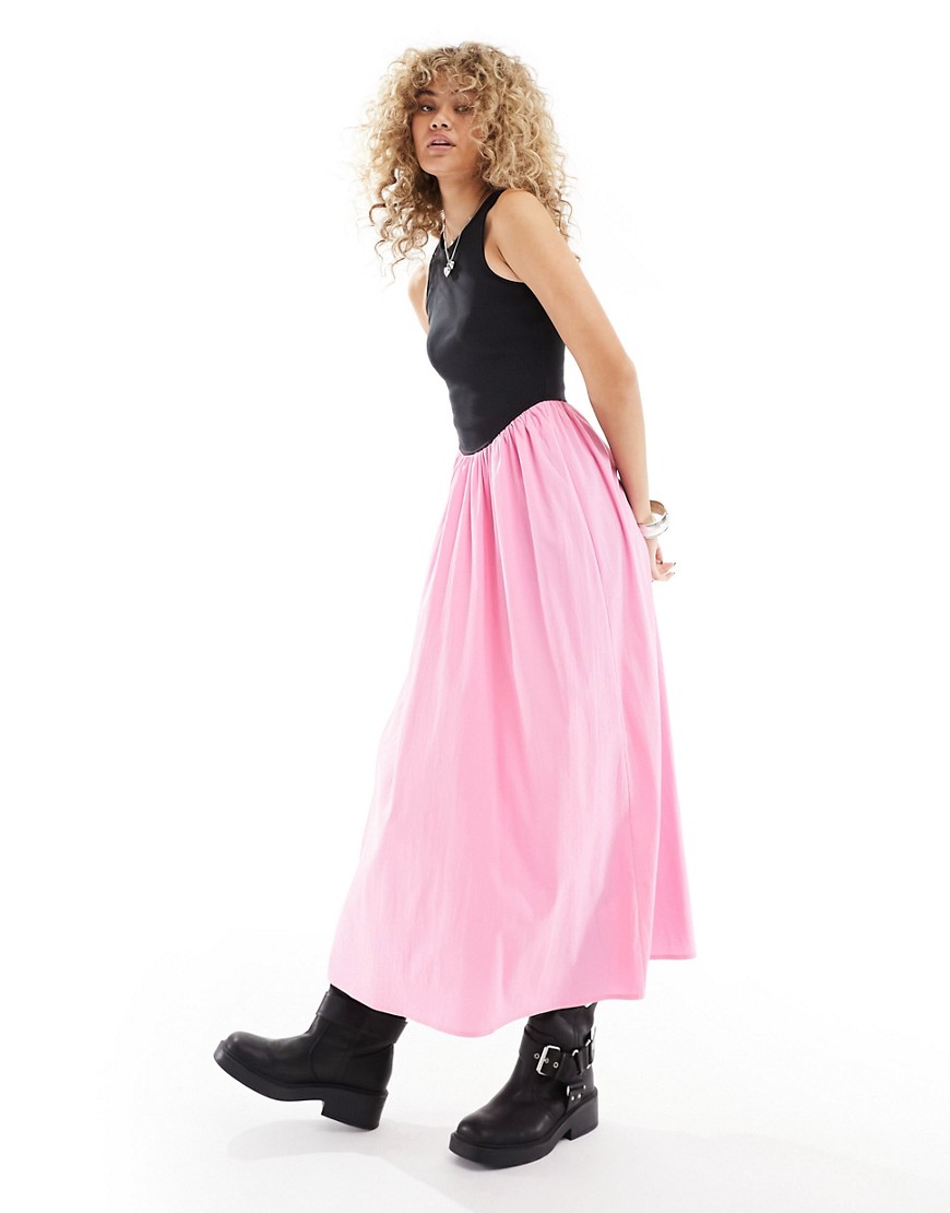 Urban Revivo racer vest midaxi dress with full skirt in black and pink