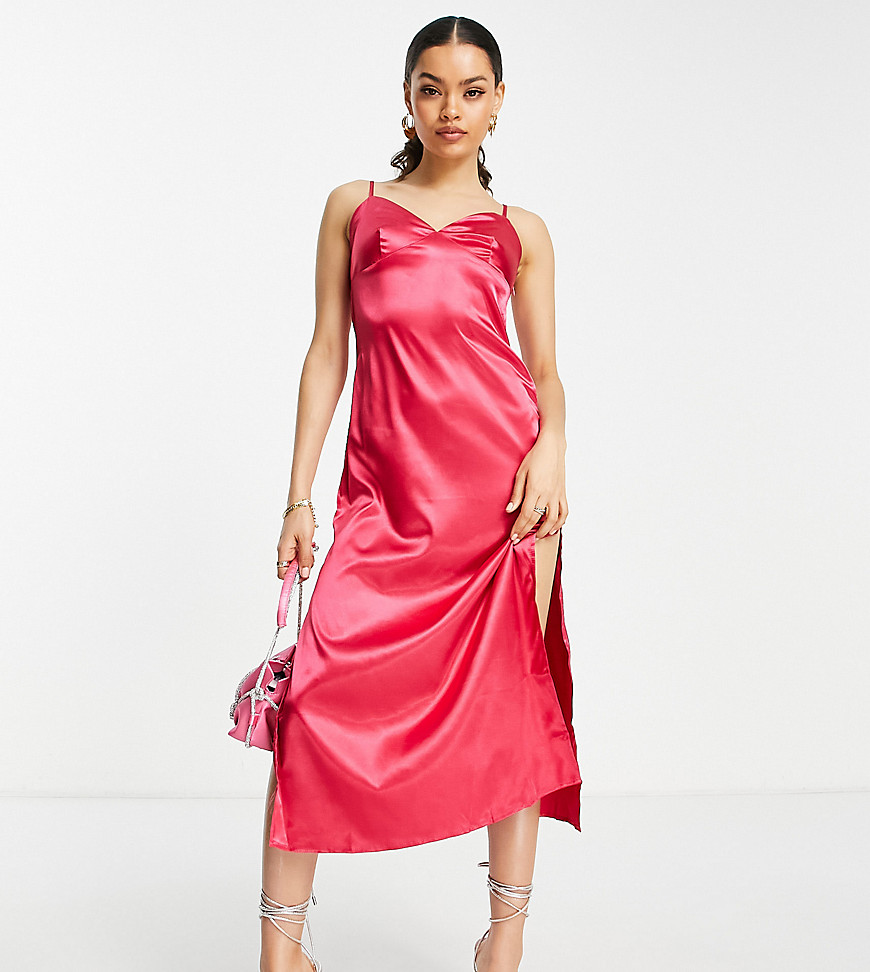 Urban Threads Petite satin cami slip dress in hot pink