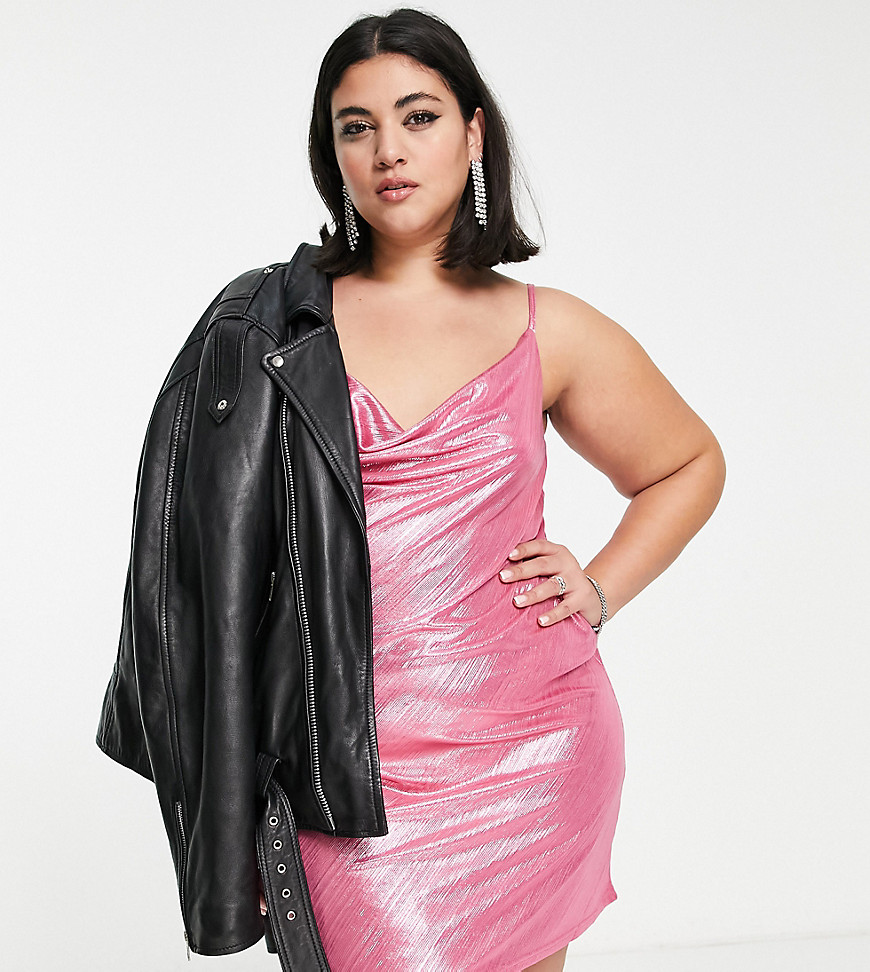 Urban Threads Plus cowl neck mini dress in pink shimmer