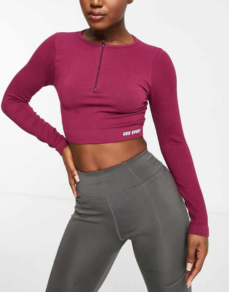 Urban Threads seamless long sleeve sports crop top with zip front in purple