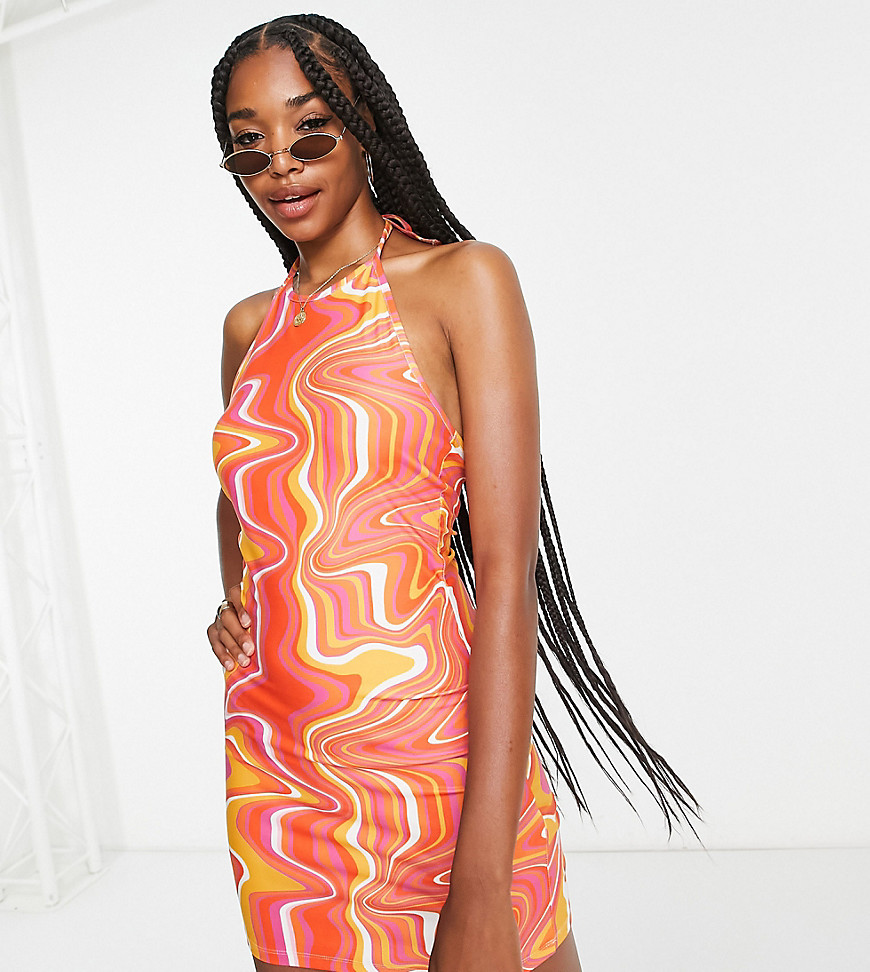 Urban Threads Tall halter neck mini dress in multi swirl print