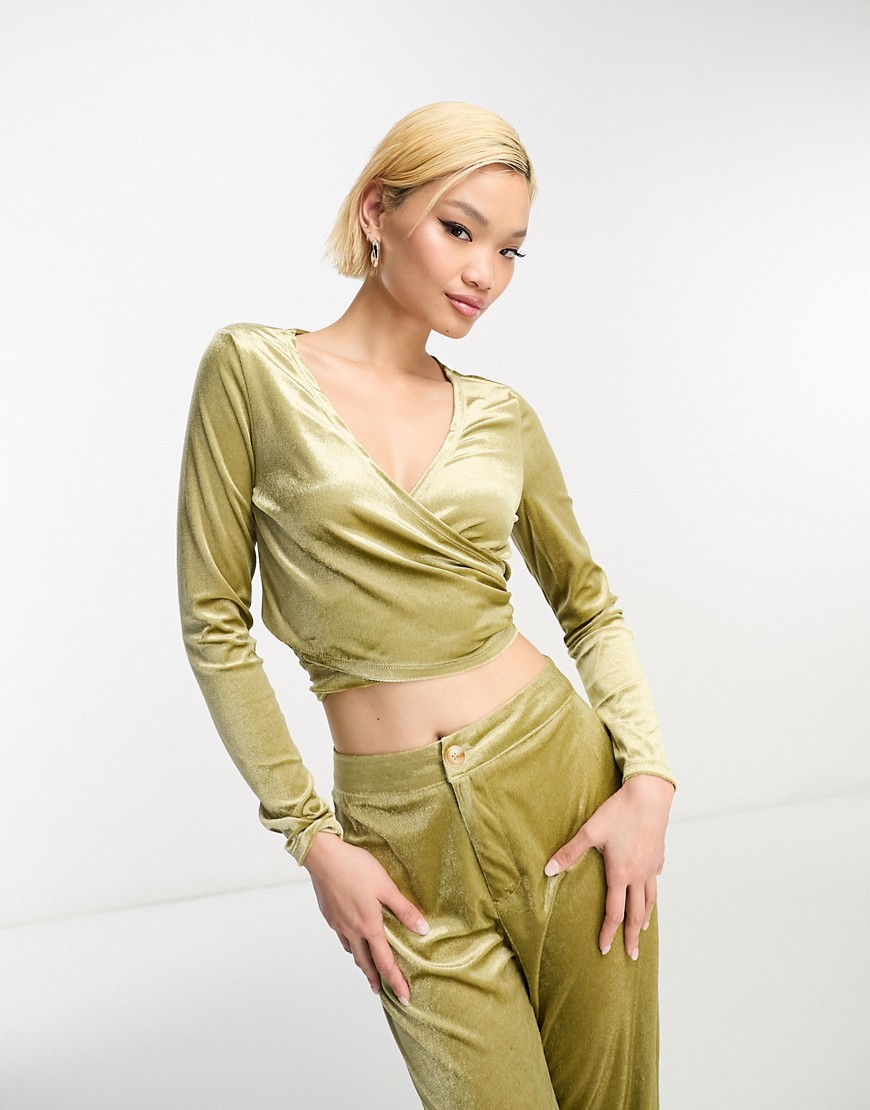 Urban Threads velvet wrap top co-ord in chartreuse-Green
