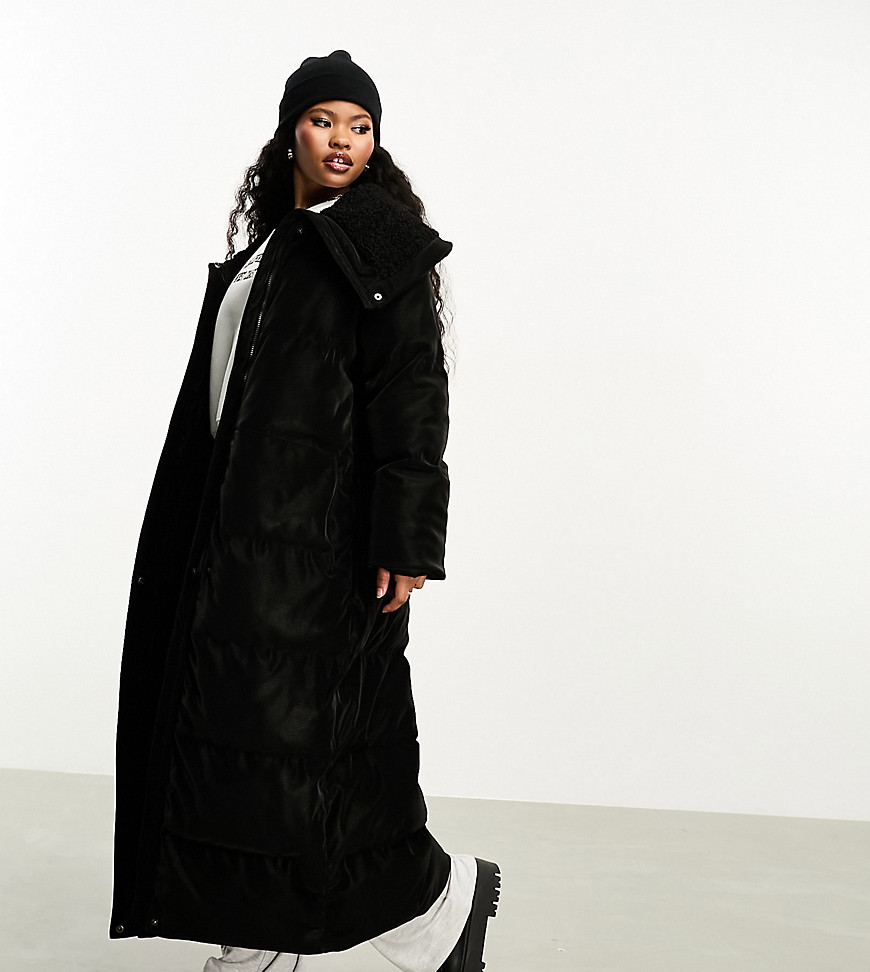 Urbancode Petite maxi puffer coat with oversized shawl collar in black