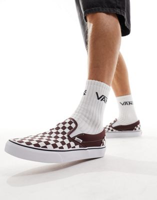 slip on checkerboard sneakers in white and brown