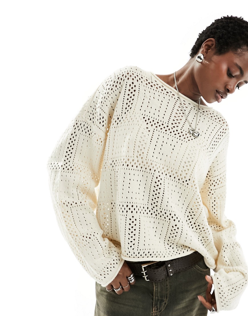 Vero Moda crochet patchwork effect jumper in beige-White