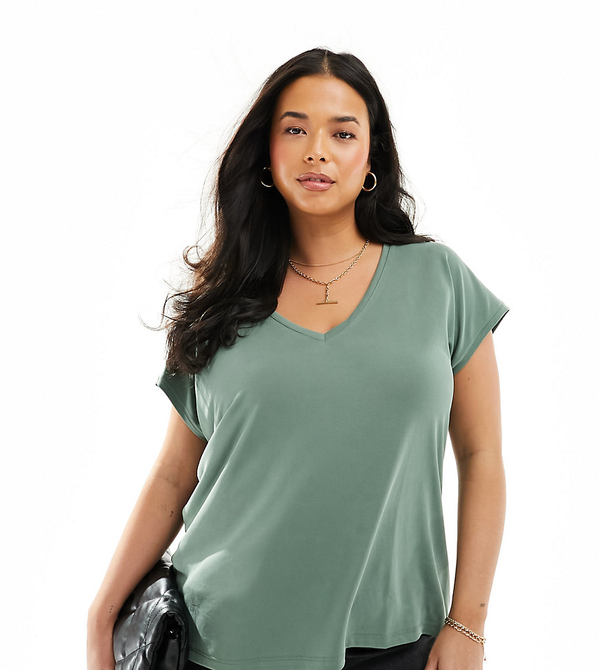 Vero Moda Curve slinky v neck t-shirt in khaki-Green
