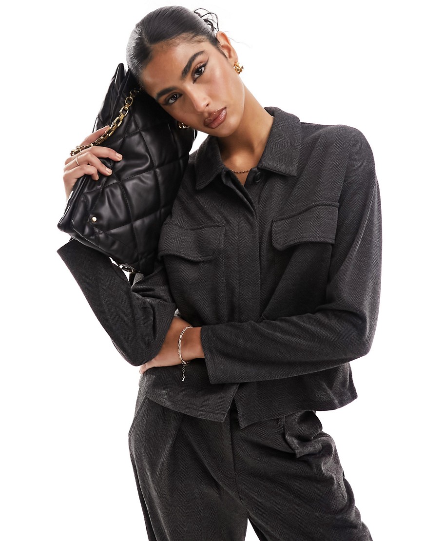 Vero Moda jersey comfort utility boxy shirt co-ord in dark grey-Black