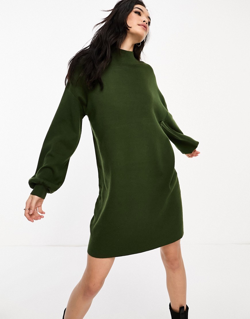 Vero Moda knitted funnel neck mini dress in khaki-Green