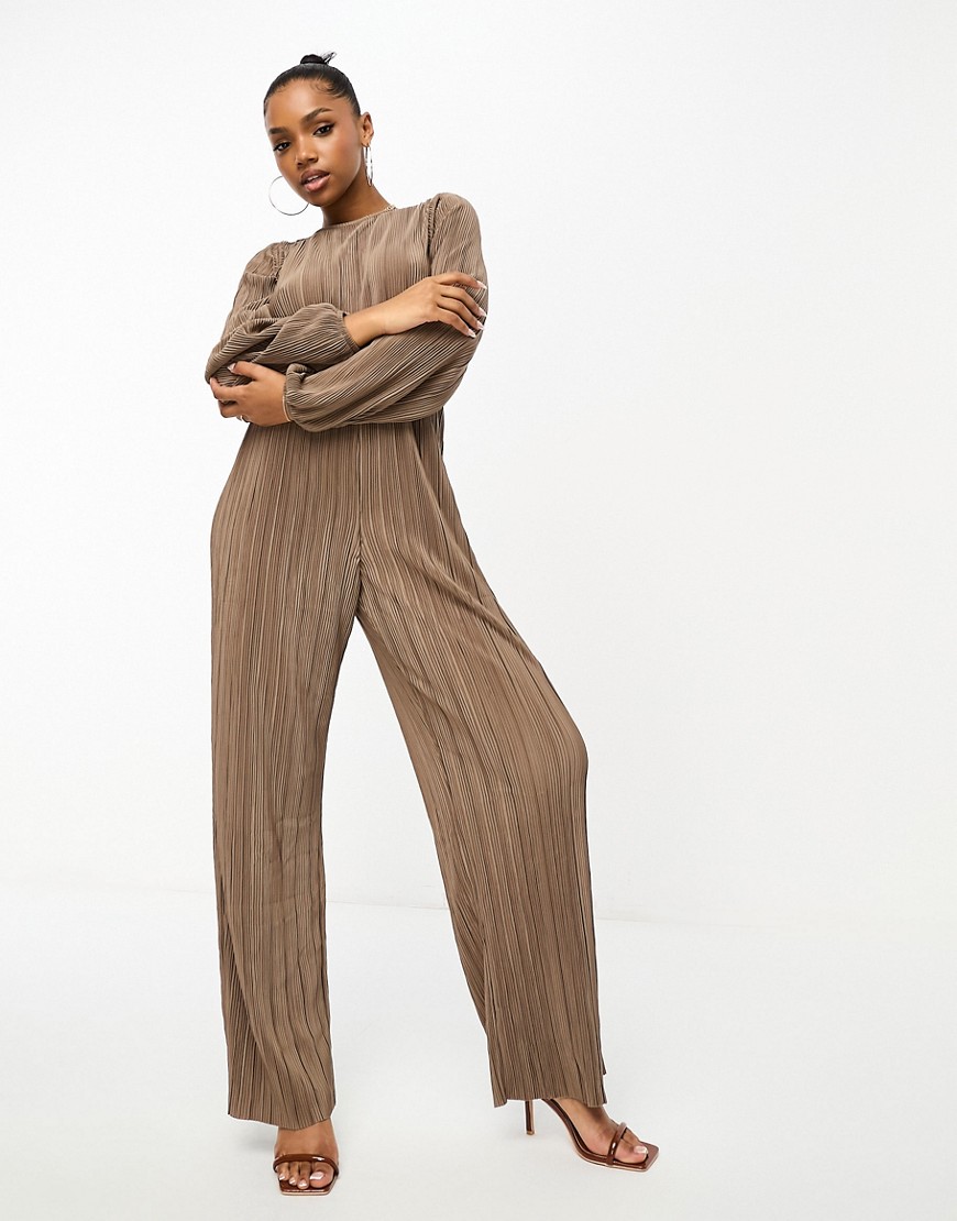 Vero Moda long sleeve plisse jumpsuit in brown