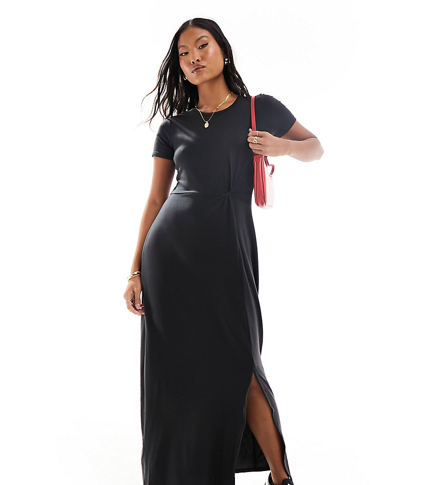 Vero Moda Petite knotted t-shirt maxi dress with split in black