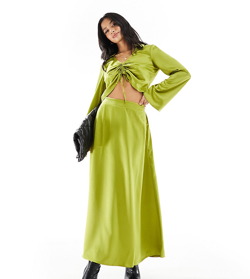 Vero Moda Petite satin maxi skirt co-ord in olive-Green