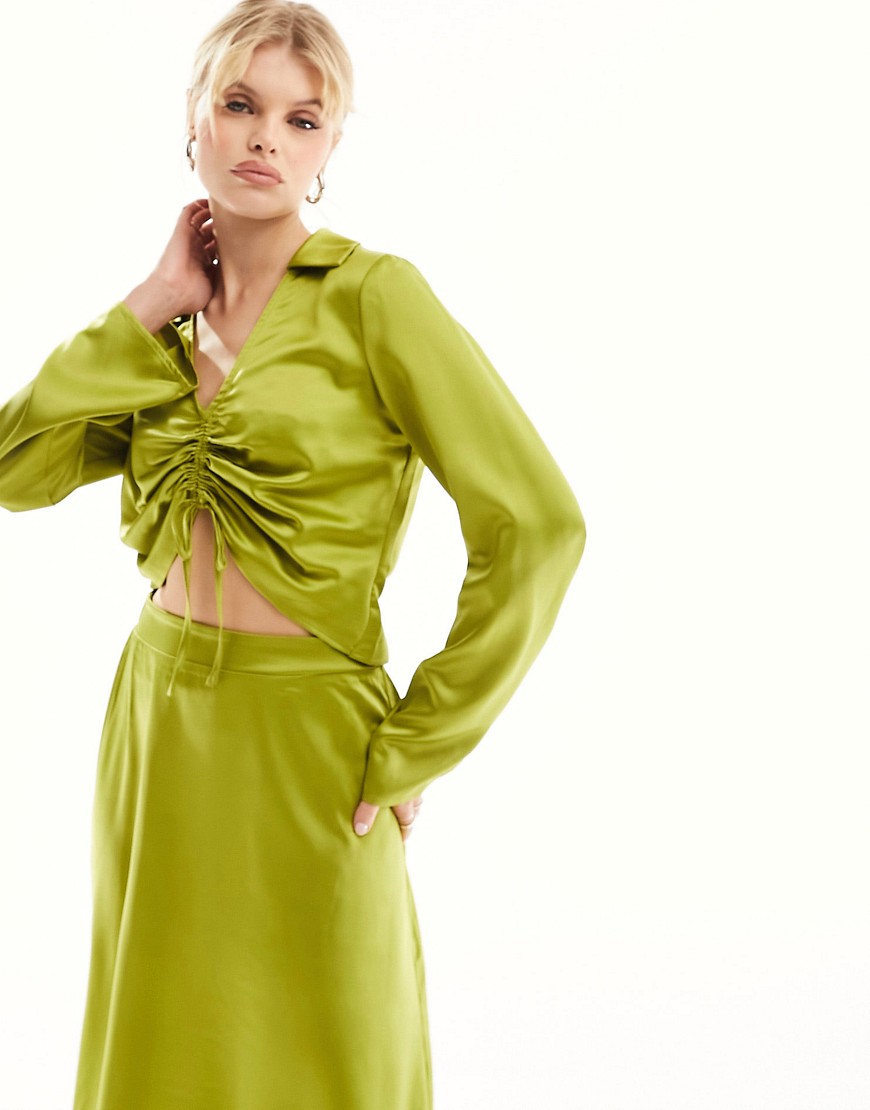 Vero Moda satin ruched front top co-ord in olive-Green