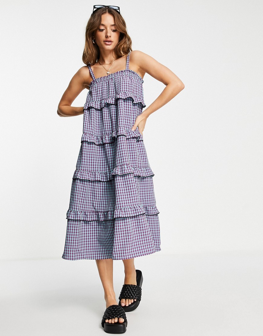 Vero Moda strappy tiered smock mini dress in mixed check-Multi