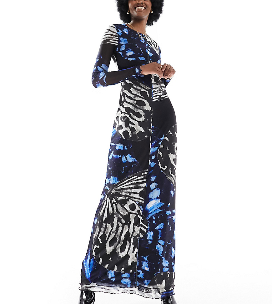 Vero Moda Tall long sleeved lettuce edge mesh maxi dress in blue abstract butterfly print