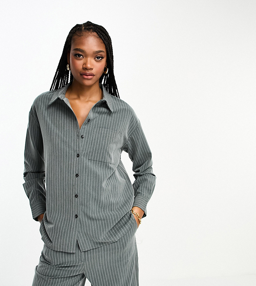 Vero Moda Tall pinstripe oversized shirt co-ord in grey