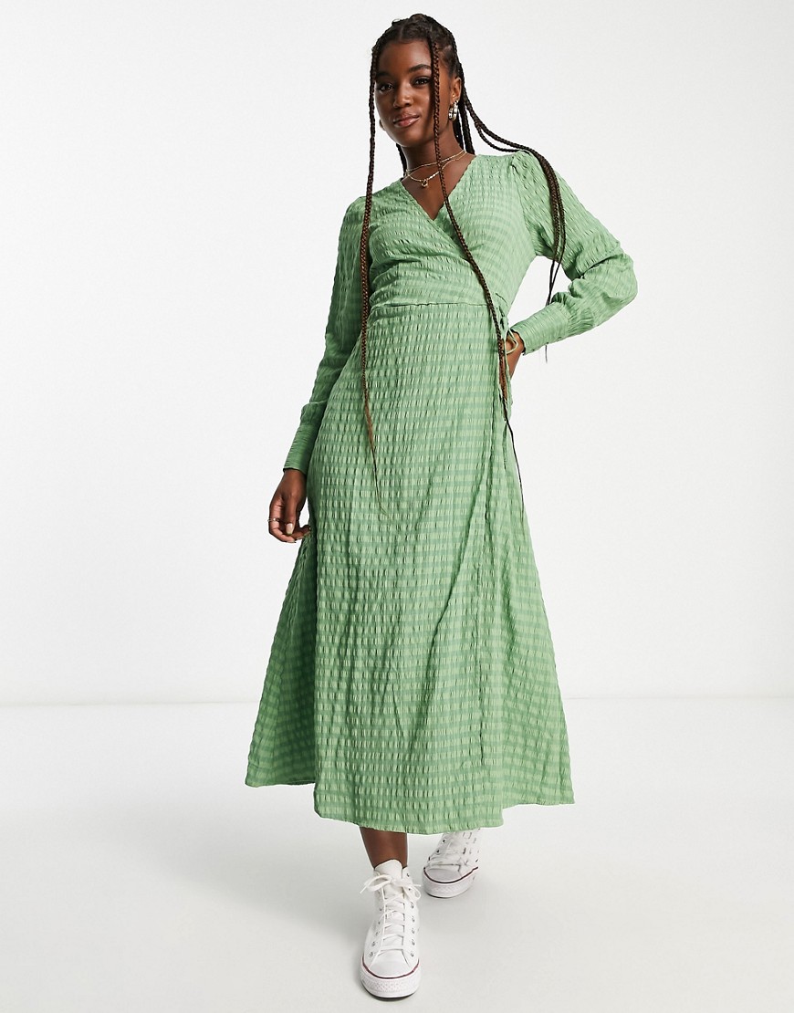 Vero Moda textured wrap midi dress in green