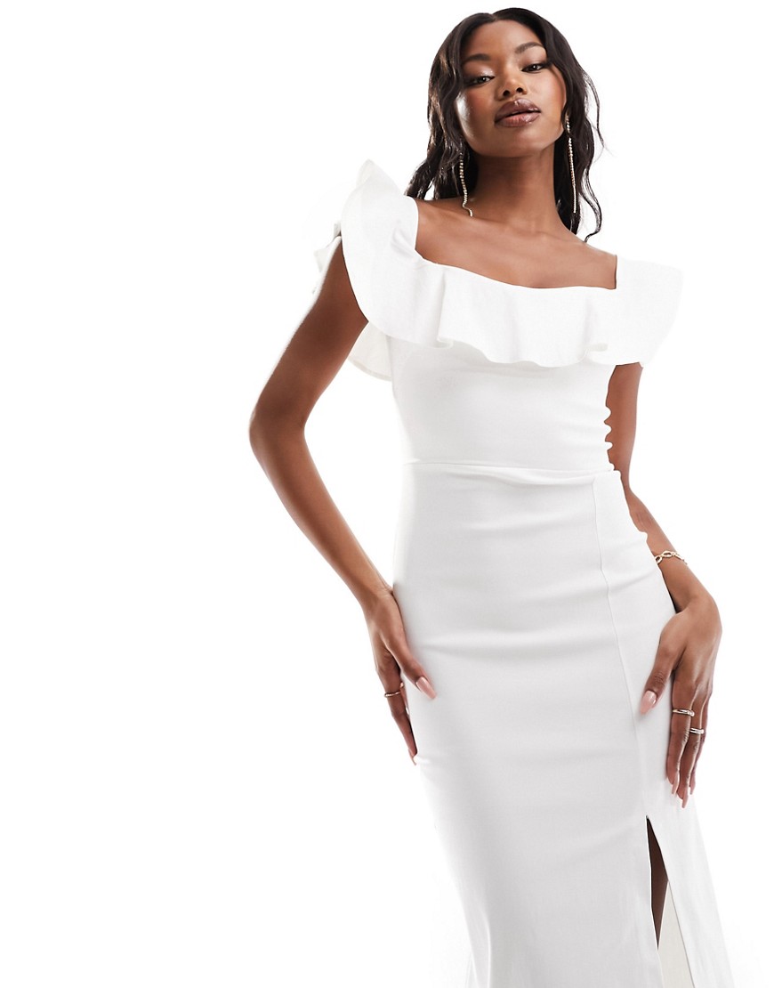 Vesper frill sleeve side split midi dress in white