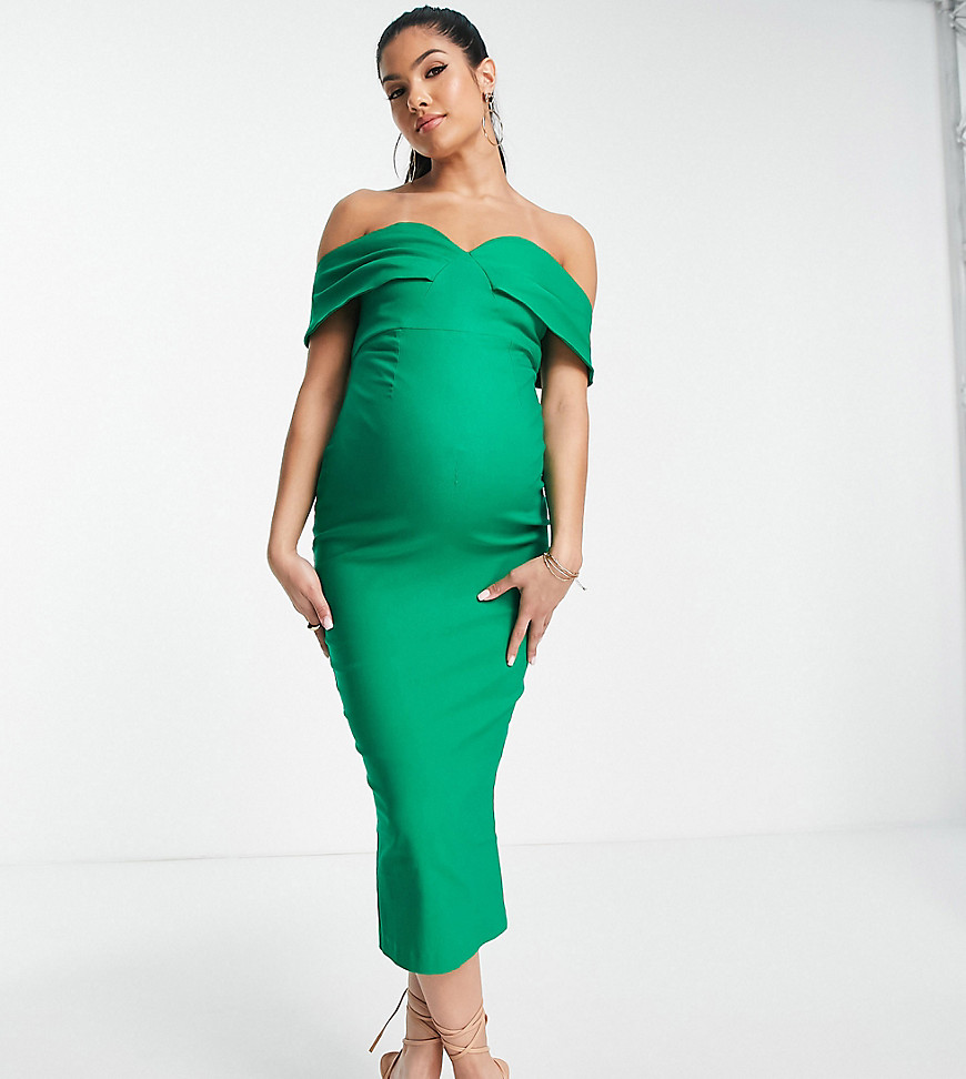 Vesper Maternity bardot midi dress in green