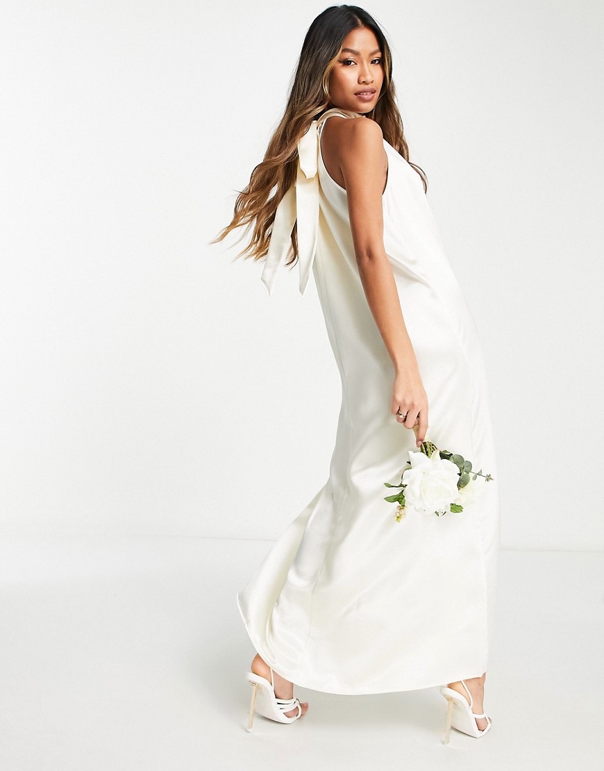 Vila Bridal satin halterneck maxi dress with bow back in cream-White