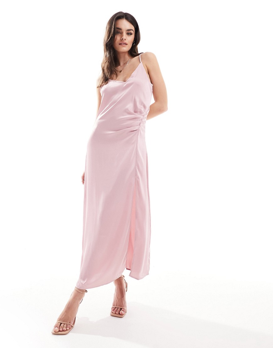 Vila Bridesmaid satin ruched side maxi dress in light pink