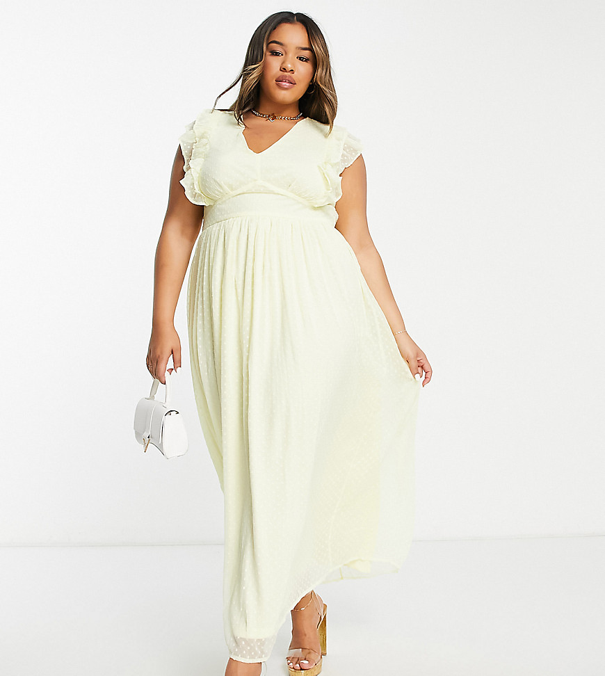 Vila Curve Bridesmaid midi dress with frill detail in textured dobby yellow