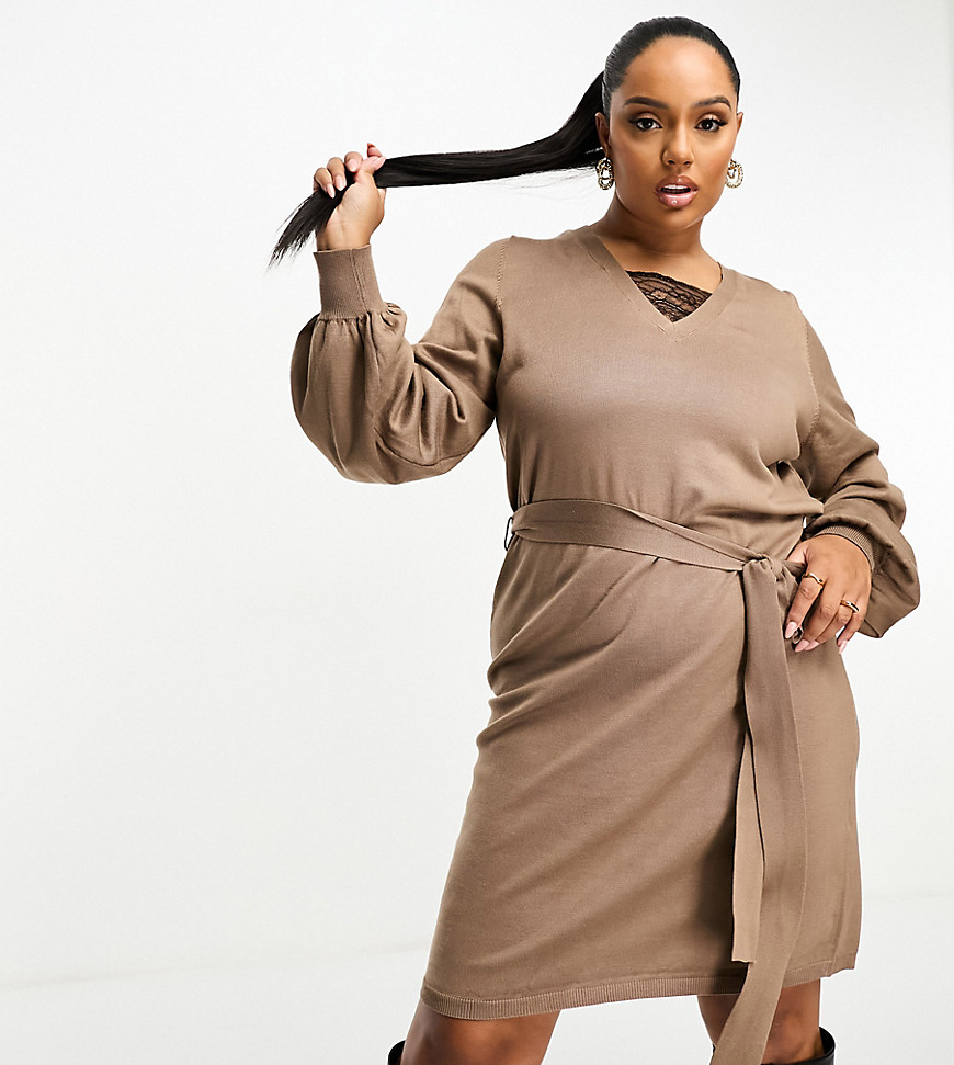 Vila Curve knitted jumper dress with lace detail v neck in brown