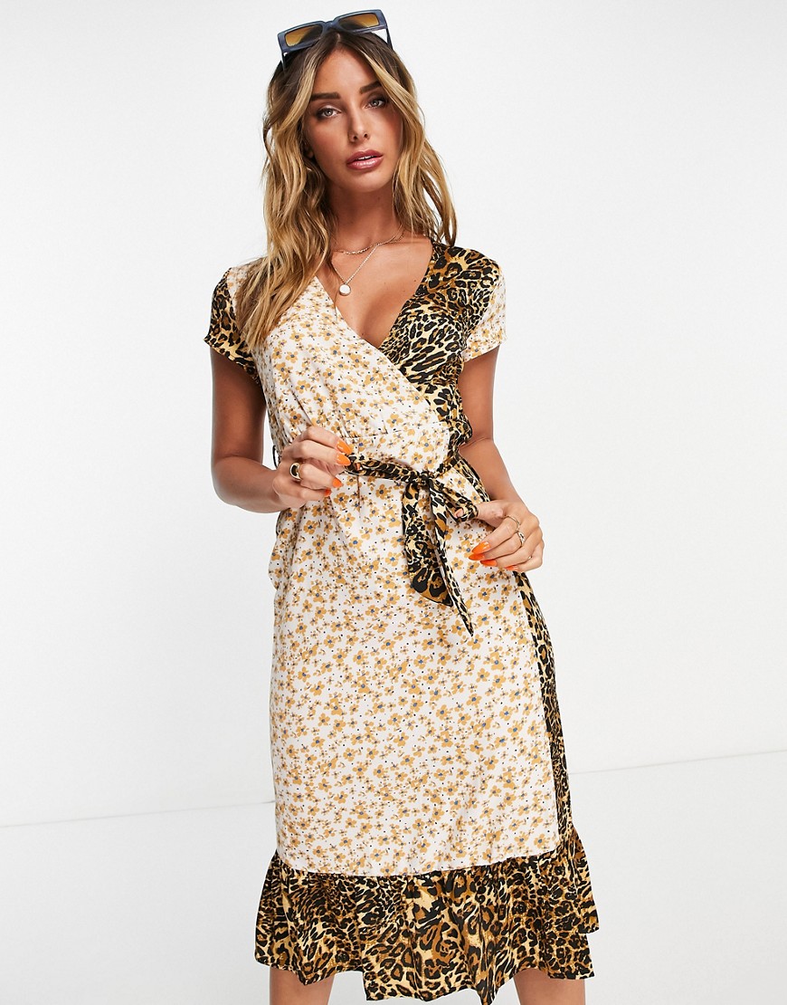 Vila midi wrap dress in mixed floral and leopard print-Multi
