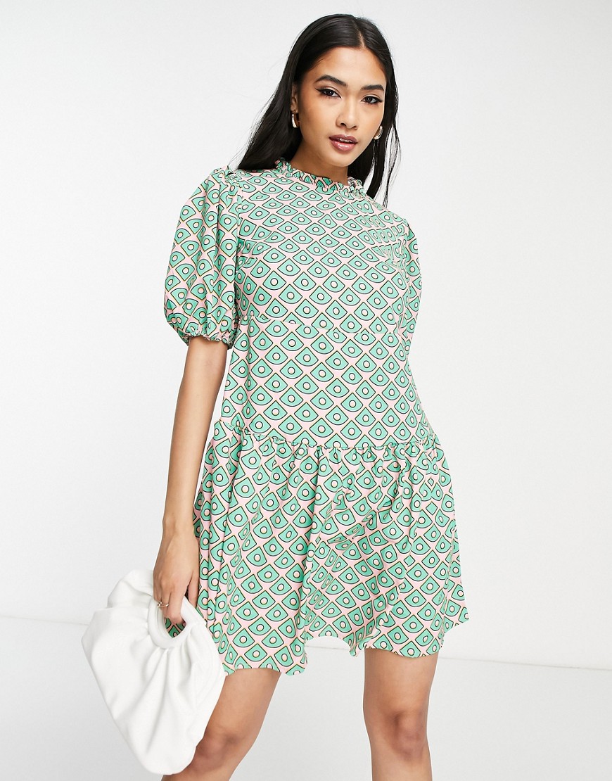 Vila mini dress with puff sleeves in green and pink retro print