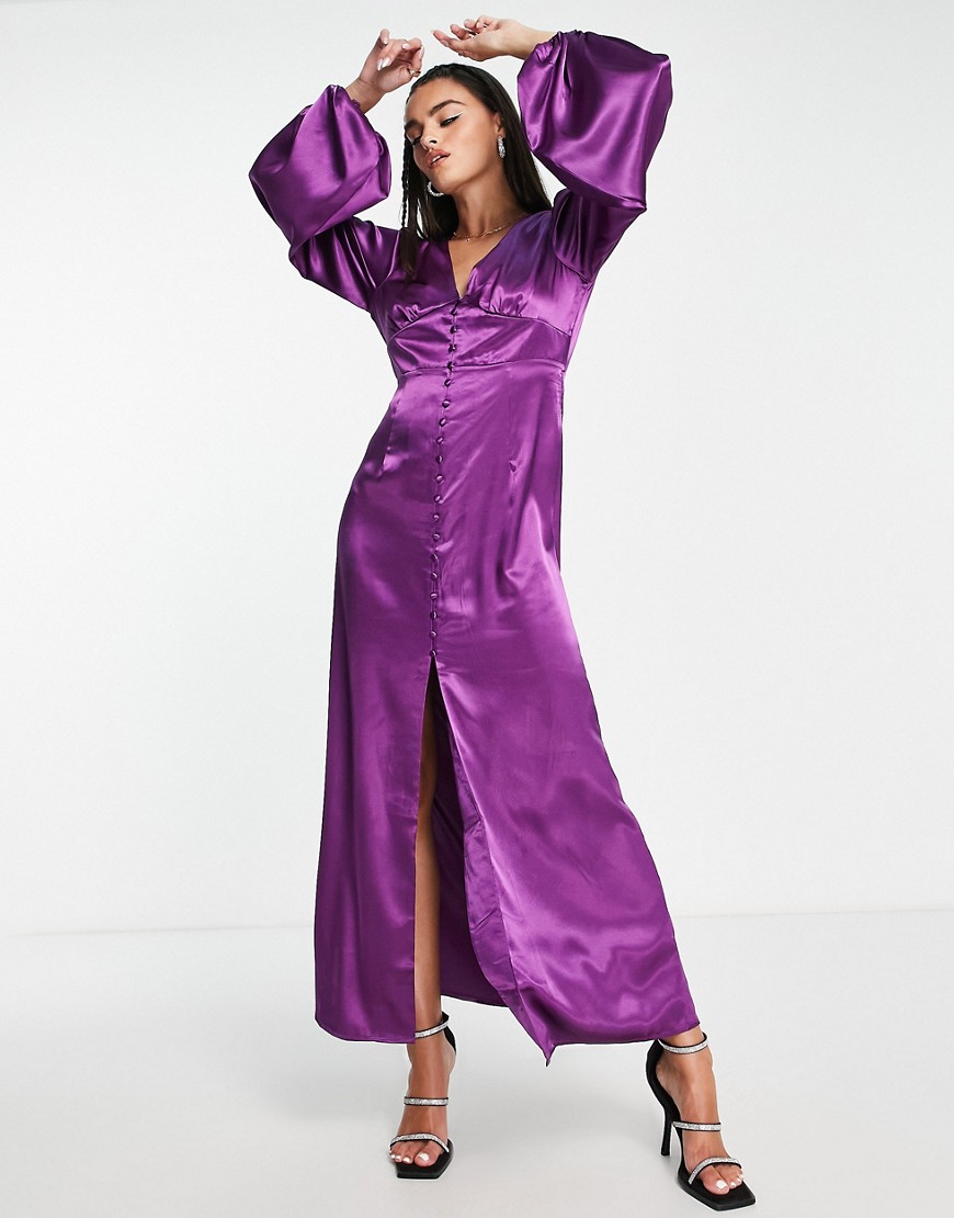 Vila satin maxi dress with button front in purple