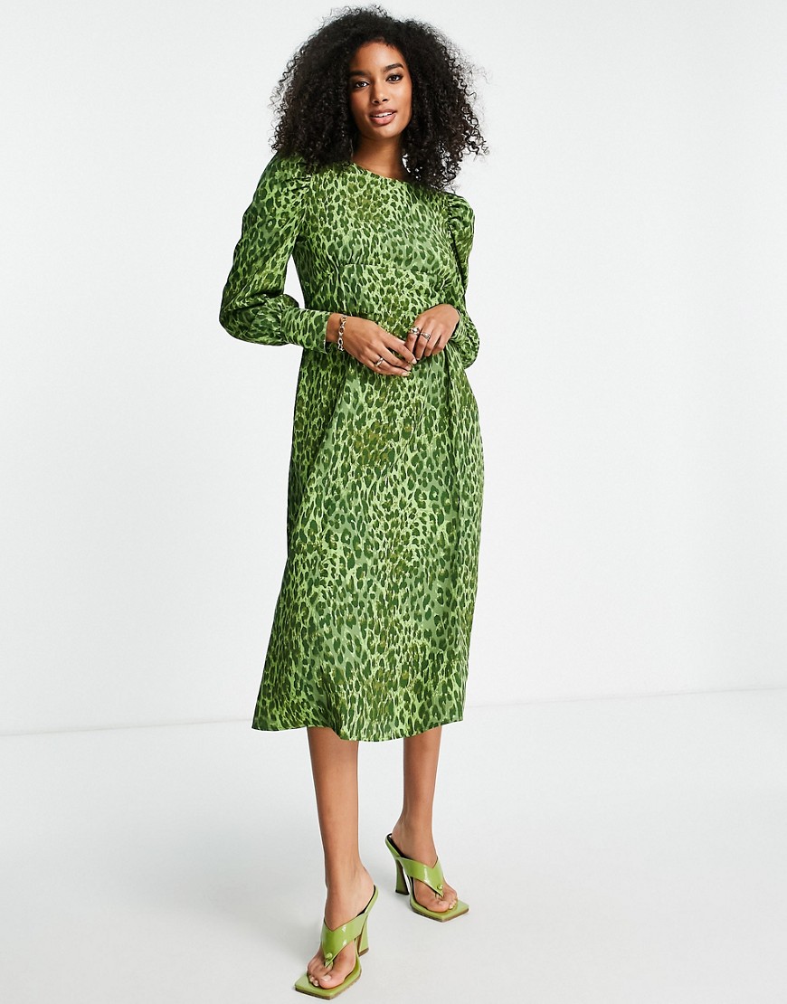 Vila shoulder detail midi dress in green leopard print-Multi