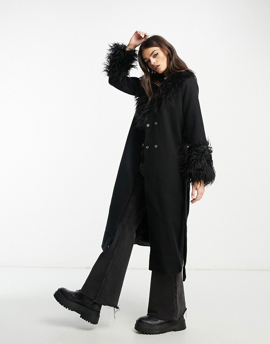 Violet Romance belted longline coat with faux fur trims in black