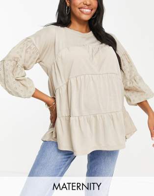 Violet Romance Maternity tiered jersey top with eyelet sleeves in beige - Click1Get2 Price Drop