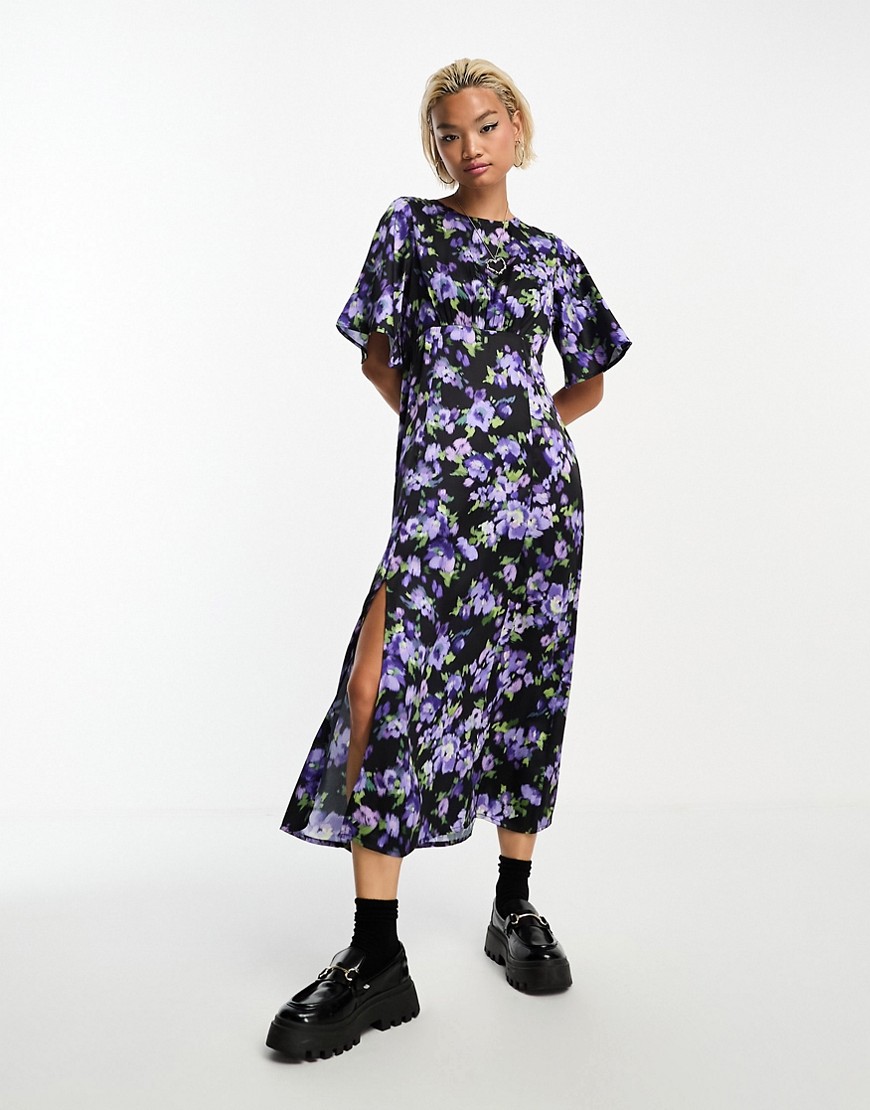 Violet Romance satin midaxi dress with flutter sleeves in blurred floral-Multi